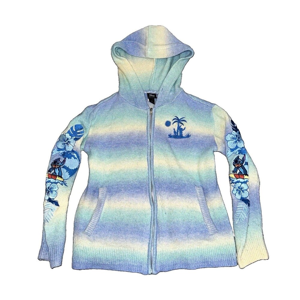 Disney Her Universe Stitch Hooded Full Zip Knit Sweater Striped Blue/White M